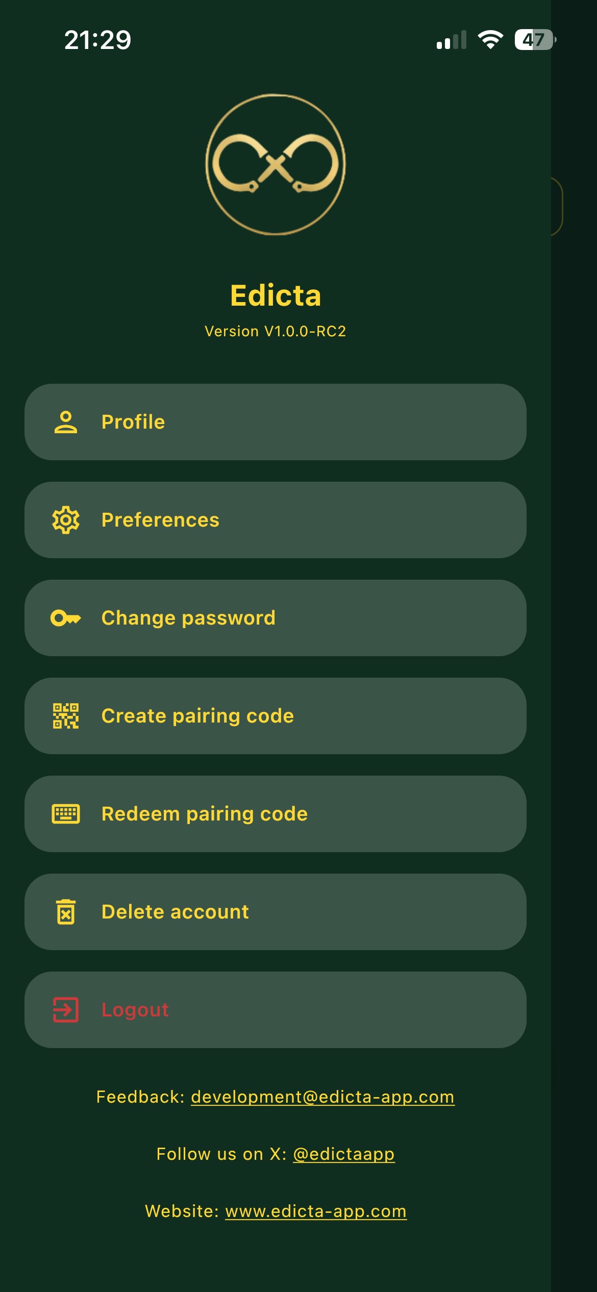 Edicta side menu with Delete account option